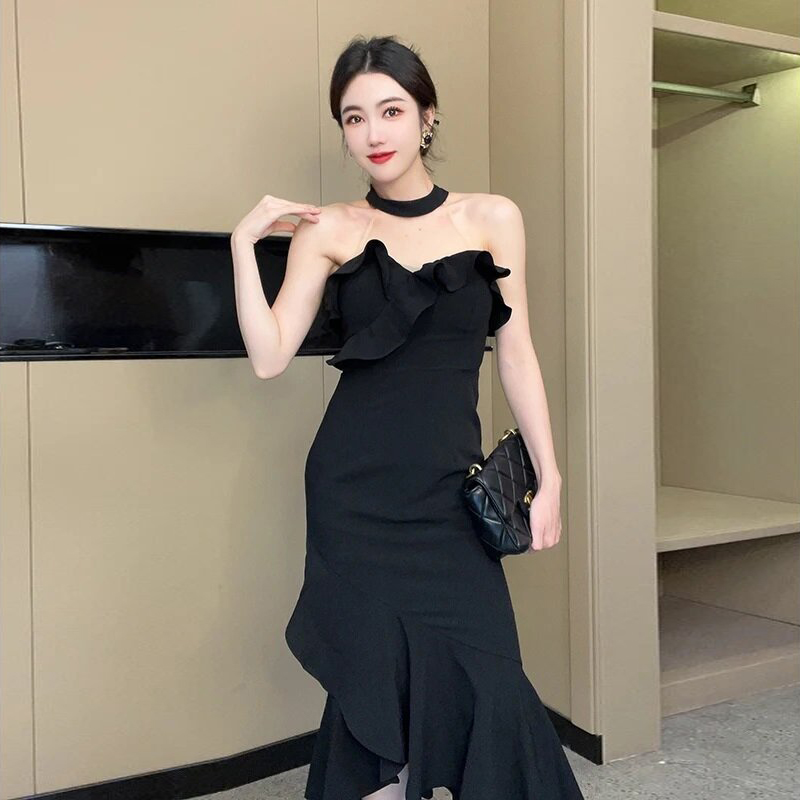 夜店女装技师服性感挂脖露肩荷叶边不规则鱼尾连衣裙抹胸包臀裙子
