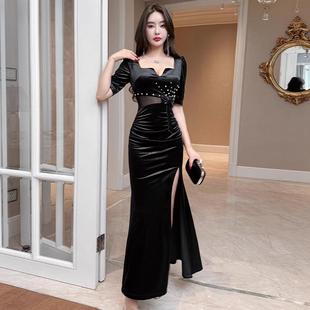 性感丝绒晚礼服开叉包臀长款小众轻奢高级感显瘦鱼尾中袖连衣裙女
