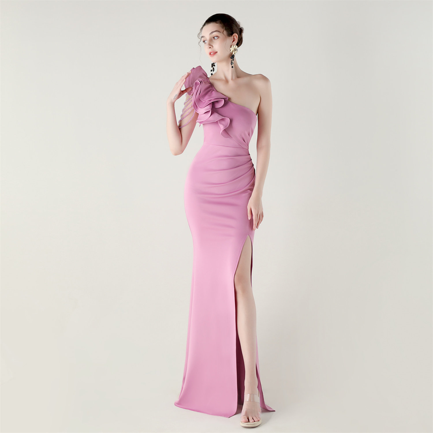 单肩立体花束晚礼服长款镶钻女轻奢小众名媛高端宴会开叉鱼尾长裙