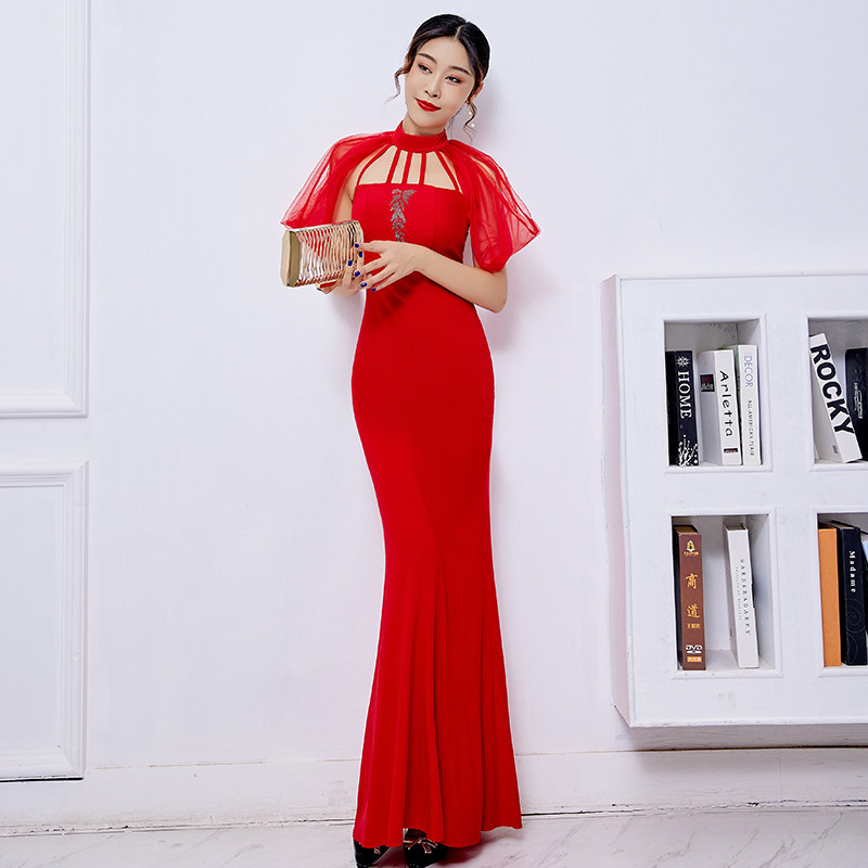 性感短袖鱼尾长旗袍晚礼服高贵优雅纯色表演服立领露肩露背长裙女