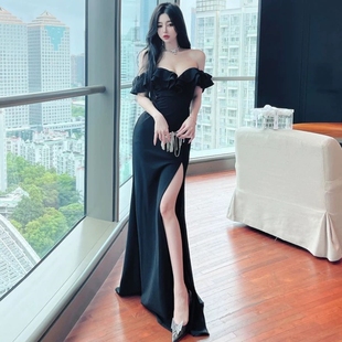 性感一字肩连衣裙女法式荷叶边气质名媛高开叉晚礼服裙高级感长裙