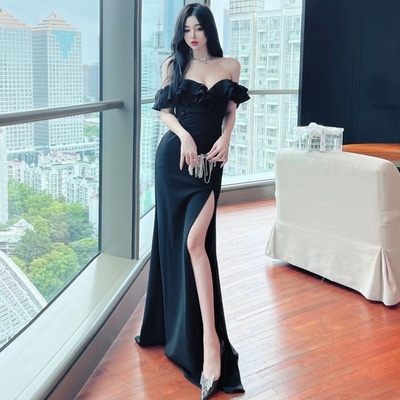 法式荷叶边气质名媛高开叉晚礼服