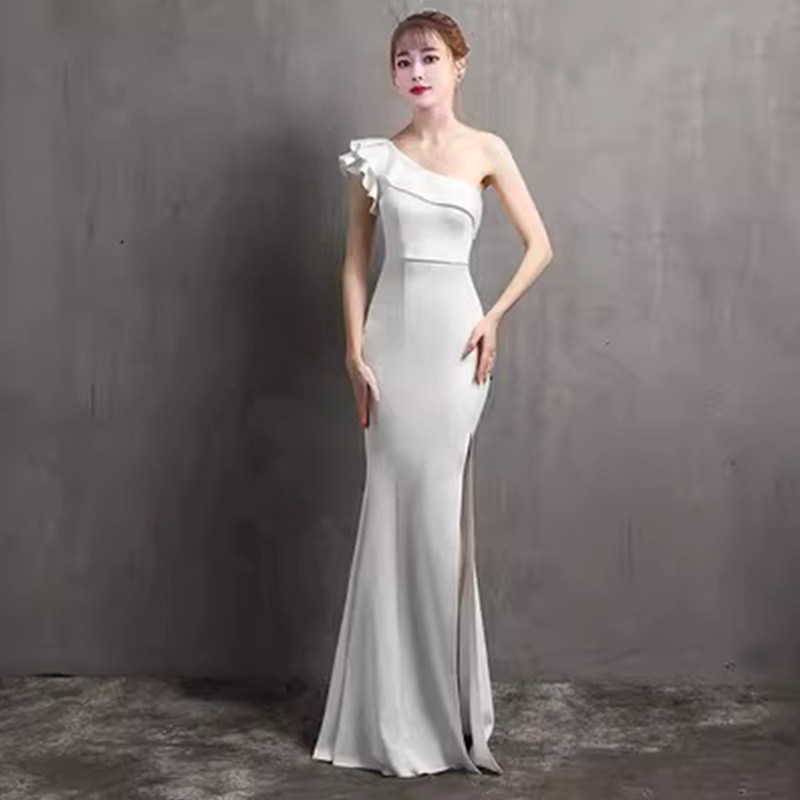 性感晚礼服高开叉斜单肩生日礼服气质高端鱼尾连衣裙显瘦长款白色