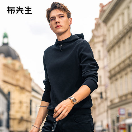 MrBu布先生纯色双层领连帽羊毛衫春季亲肤保暖毛衣男PT15605