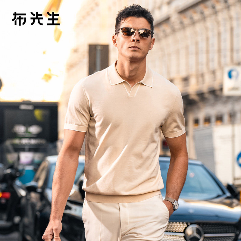 MrBu布先生时尚撞色海鸥领杏色针织t恤夏上新透气短袖男款AT17386