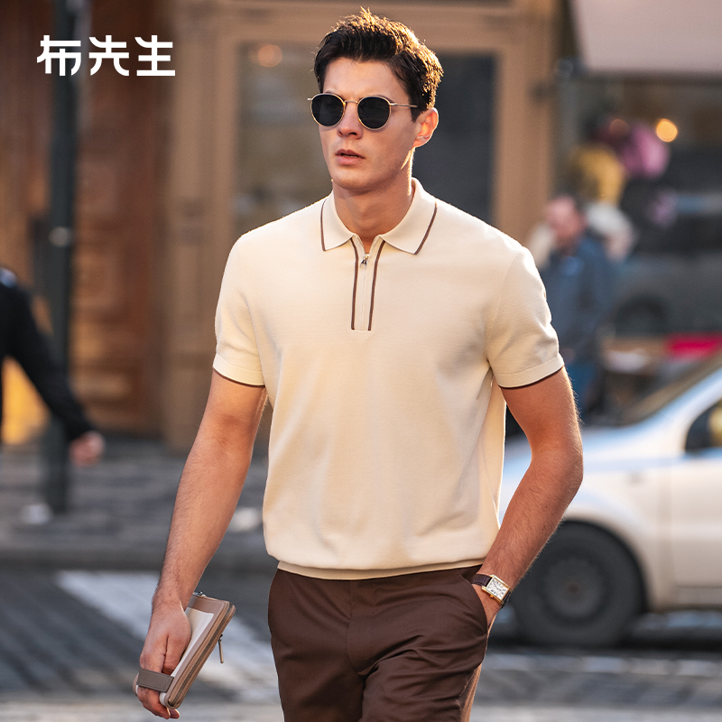 MrBu布先生撞色翻领针织polo短袖春夏新款拉链男士T恤上衣AT16005