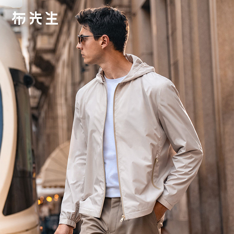 MrBu布先生男士纯色连帽夹克平纹拉链斜插袋户外日常上衣BT17912