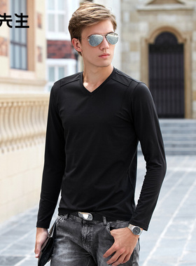 MrBu布先生长袖V领秋冬打底衫纯色长袖T恤男士T恤v领长袖BT380