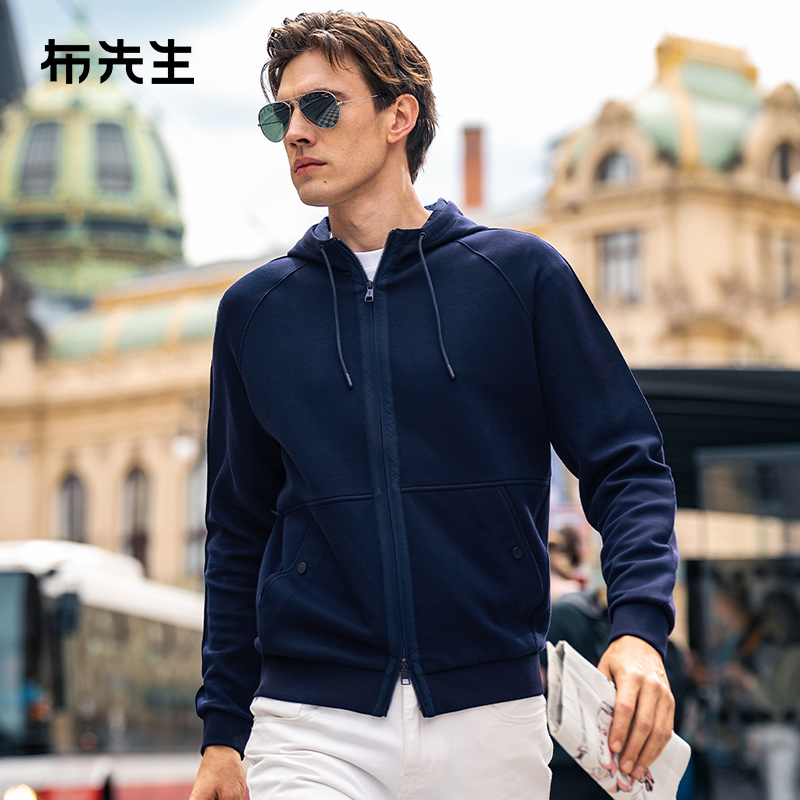 MrBu布先生袋鼠兜连帽针织夹克秋冬双拉连插肩袖外套男PT15533