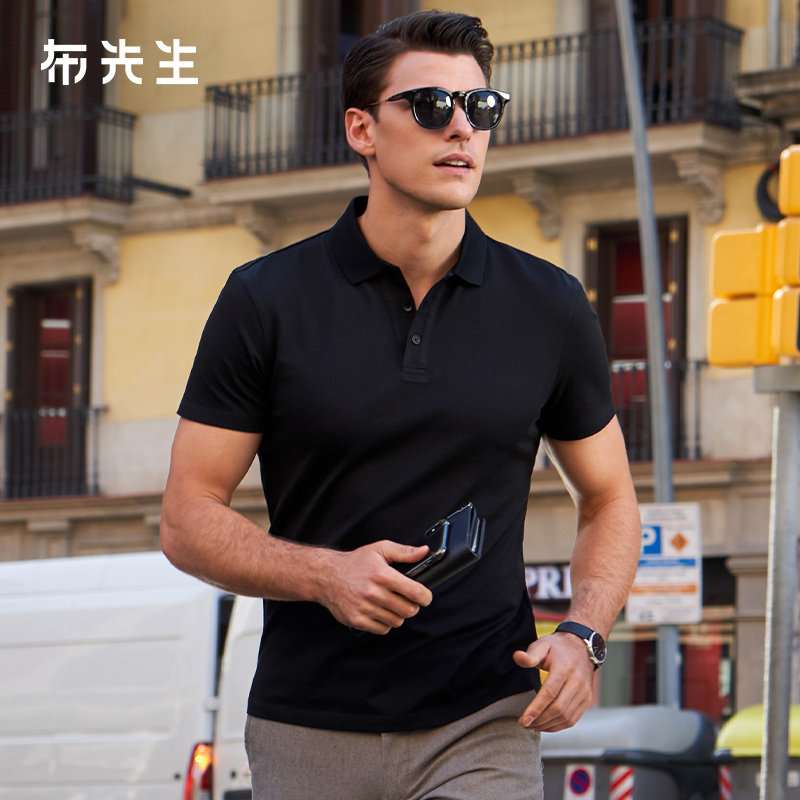 MrBu布先生别致Y型polo衫男翻领丝光棉纯色黑色短袖t恤男AT10469