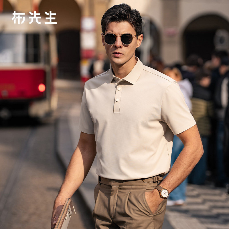 MrBu布先生衬衫领纯色T恤男华夫格短袖凉感速干按扣上衣夏AT16090