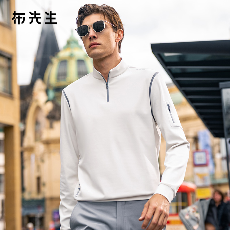 MrBu布先生拉链领长袖t恤字母印花口袋设计干爽运动上衣男PT15515