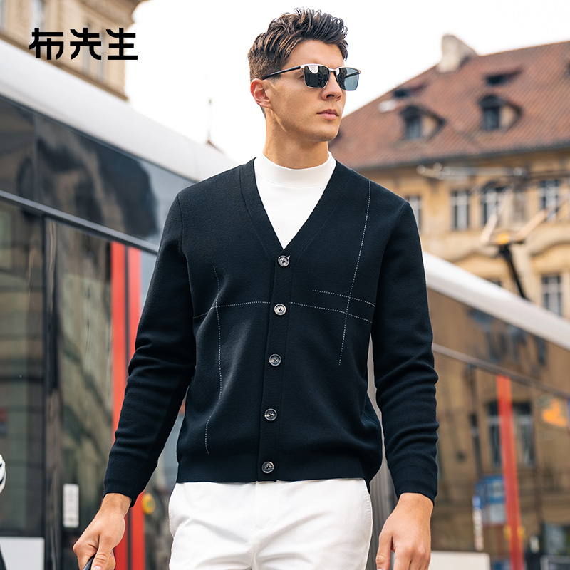 MrBu布先生虚线提花V领羊毛开衫秋冬牛角扣毛衣外套男BT15383