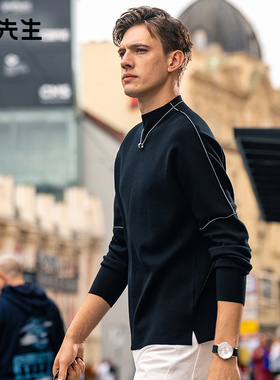 MrBu布先生时尚撞色线条100%羊毛毛衣秋冬半高领羊毛衫男PT15580