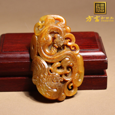 一眼真方言品牌和田玉新疆老熟黄沁皮白玉籽料仿古龙吊坠子挂件A6
