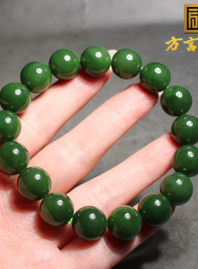 精品级方言和田玉俄罗斯细润菠菜绿碧玉圆珠卡12mm单圈手串手链A2