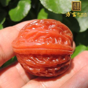 方言镇店之宝珍藏级古河道老熟罕见鸽血红色红玉籽料核桃手把件R