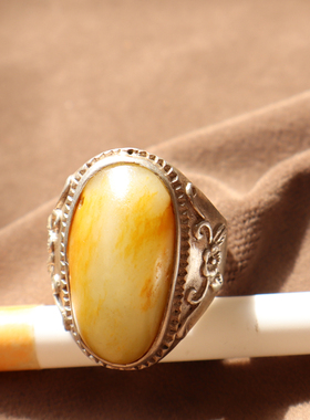 新疆撒金皮白玉籽料银镶19MM戒指