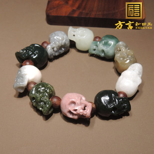 罕见方言和田玉新疆多宝青花黑青塔青糖料桃花玉骷髅头手串手链h2