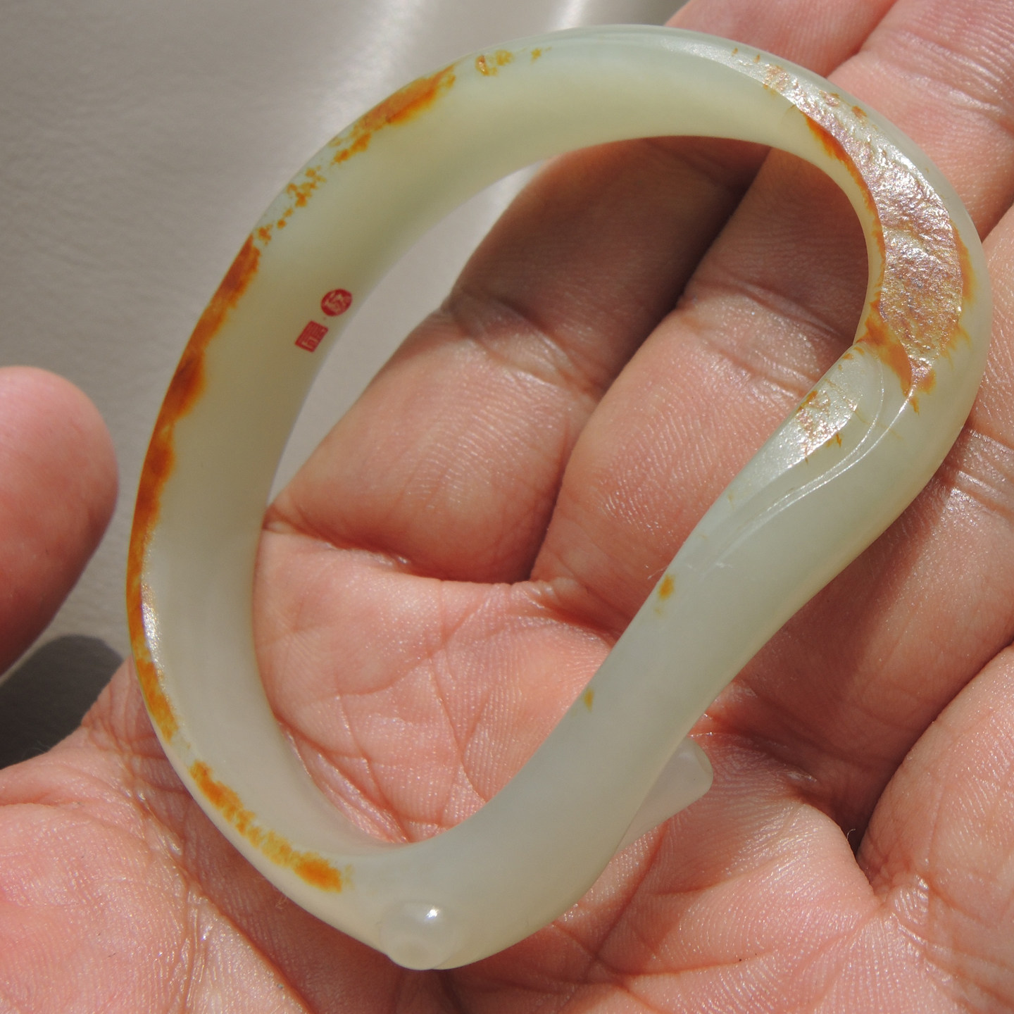 闭眼入方言品牌和田玉老熟无结构红金皮白玉籽料58精品异型手镯R