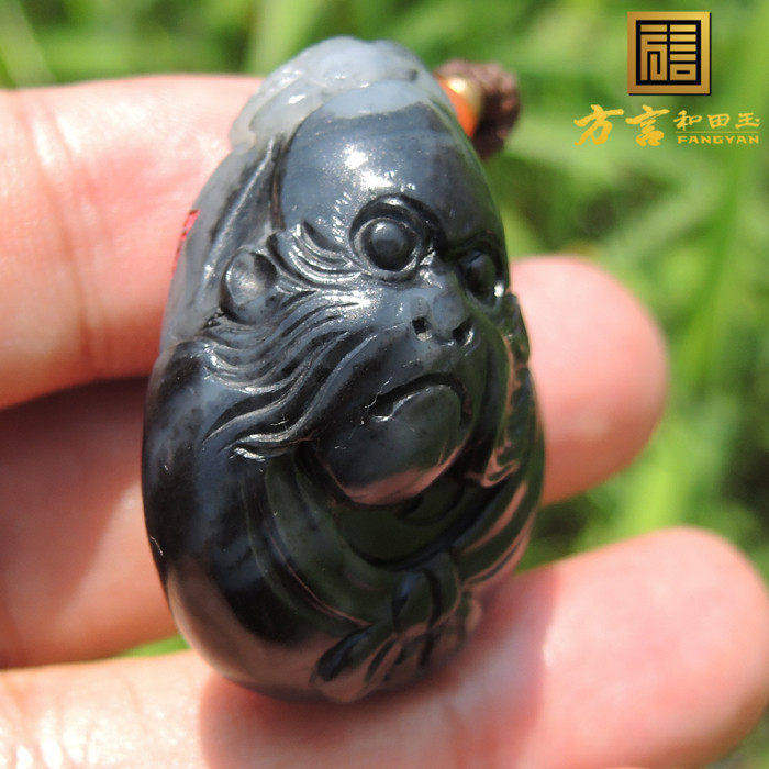 方言精品黑白分明红金皮墨玉青花籽料母子情深双生肖猴吊坠手把F