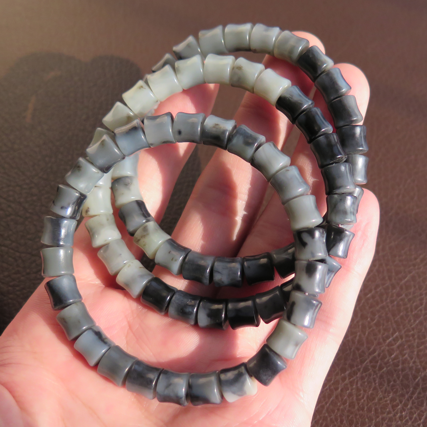 新款放漏方言和田玉新疆老熟细润聚墨青花籽料竹节8mm手串手链X5