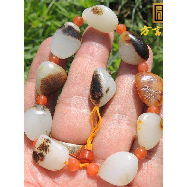方言和田玉手串新疆玉龙河正宗无修高白羊脂玉籽料皮色精品手链F