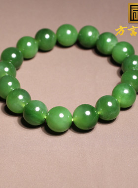和田玉老俄料无黑点阳绿碧玉手串
