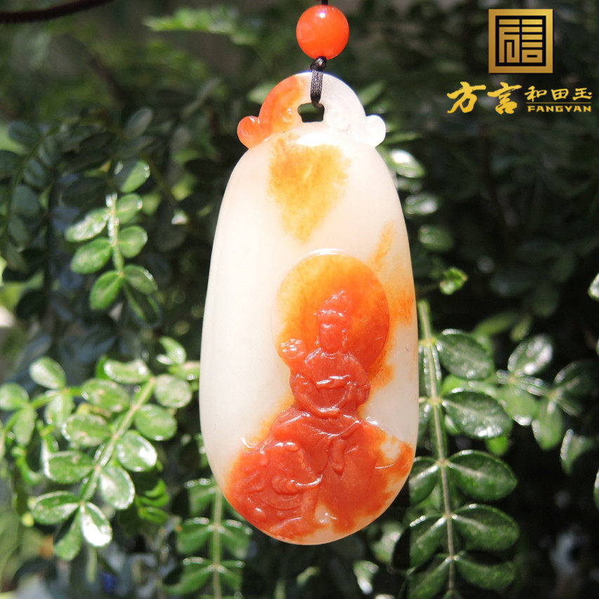 方言珍藏级古河道老熟罕见聚鸽血红沁皮羊脂玉巧雕无相观音吊坠R
