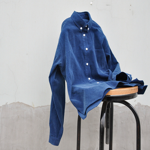 服装 纯棉衬衫 草木染复古灯芯绒上衣 蓝染条绒衬衣