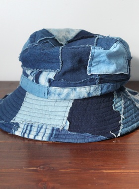 蓝染拼布渔夫帽 休闲帽子 男女通用复古植物染色防日晒boro褴褛
