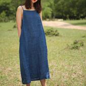 2017年夏季 新款 草木染色苎麻吊带长裙植物蓝染连衣长裙小清新文艺