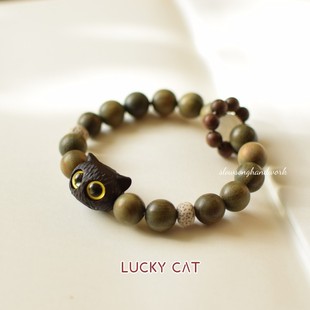 LUCKY猫 慢歌原创设计绿檀木手串古风猫咪星月菩提女生文玩礼物