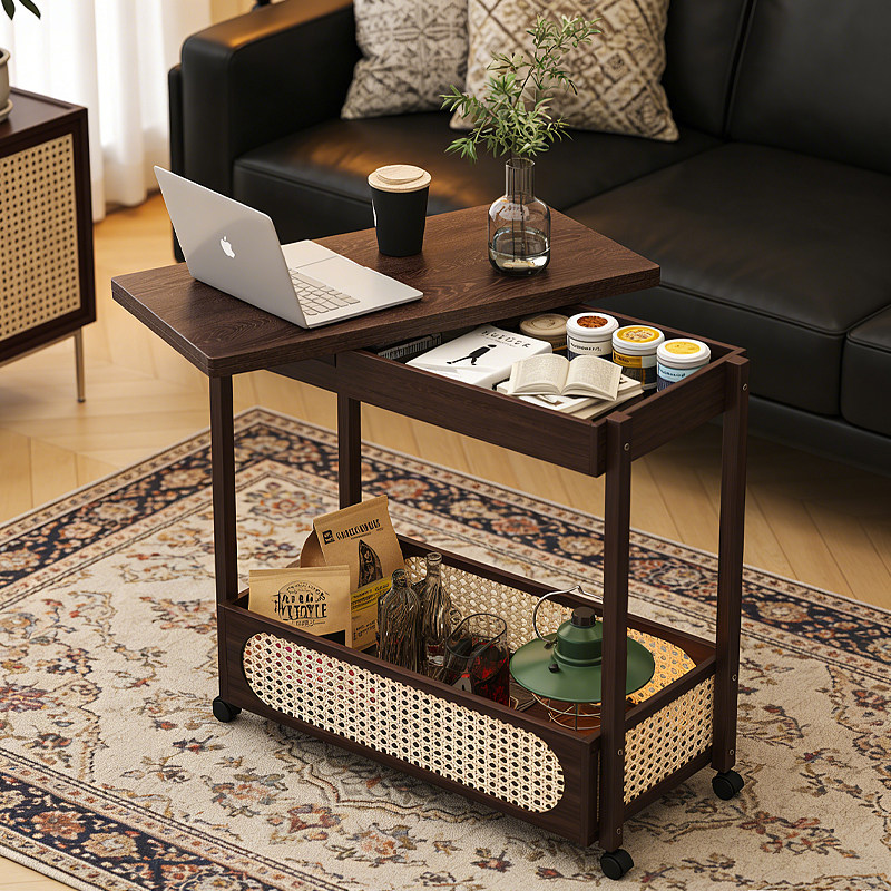 移动茶几边几沙发侧边储物柜客厅家用小户型实木中古推车折叠桌子