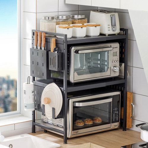 可伸缩厨房置物架微波炉架子烤箱收纳家用双层台面桌面多功能橱柜