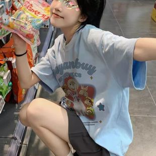 韩系甜美蓝色纯棉短袖 设计感学生宽松ins上衣潮 t恤女宽松夏季 新款