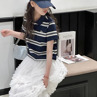 kids韩系条纹女童短袖T恤POLO衫2026新款夏装儿童短款上衣