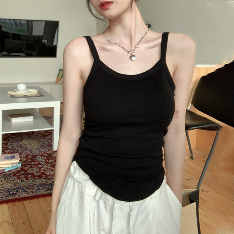 黑色辣妹带胸垫吊带背心女夏ins网红爆款后背字母外穿设计感上衣