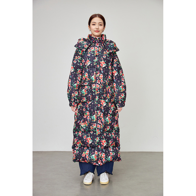 原创设计师品牌买手店黑色相间印花结加厚长款羽绒服外套