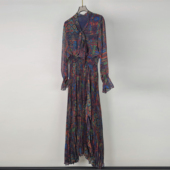 轻奢印花百褶长袖 连衣裙优雅气质时尚 显瘦气质松紧腰长裙2026春夏