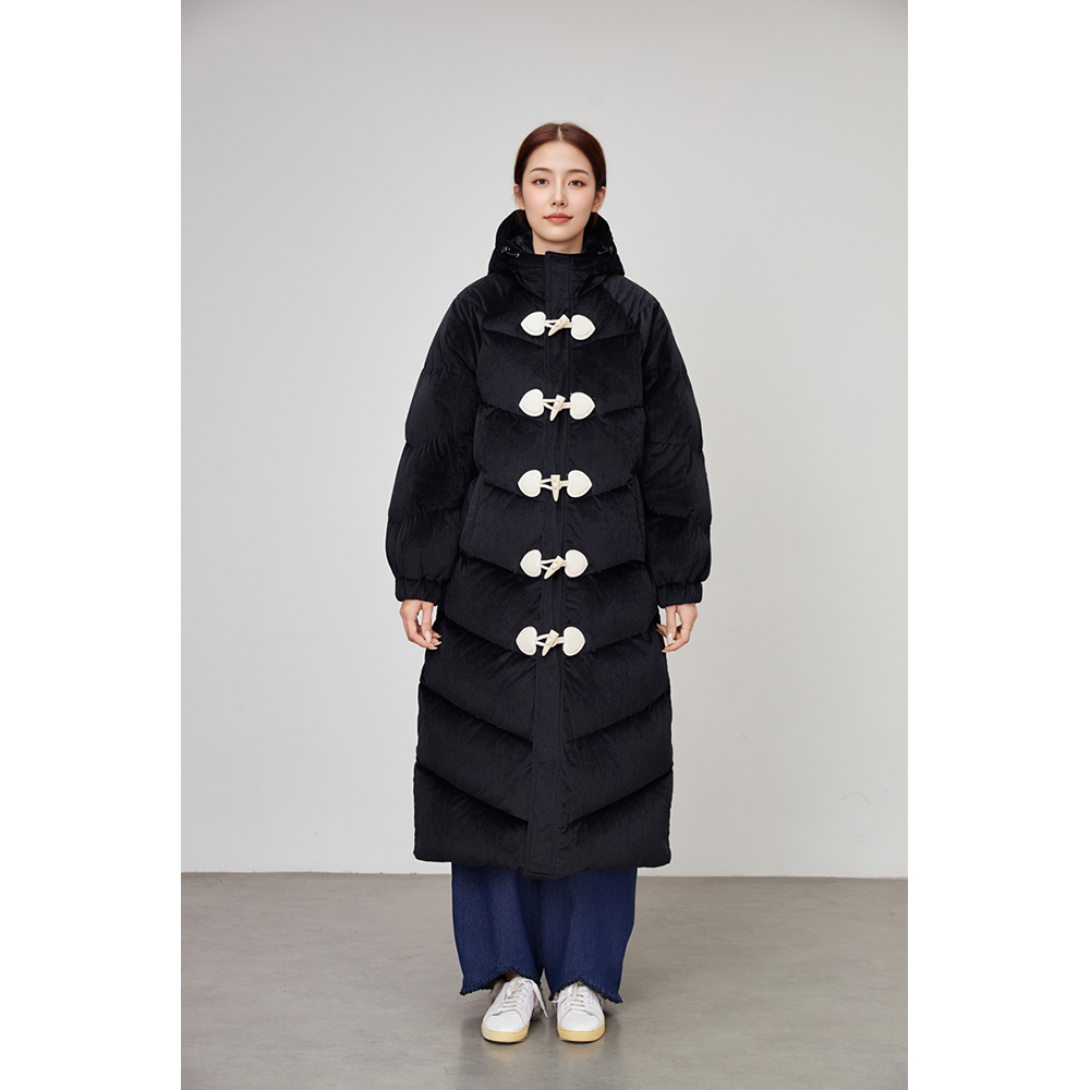 2025新款羽绒服中长款大衣通勤防风保暖翻领面料牛角扣拼接