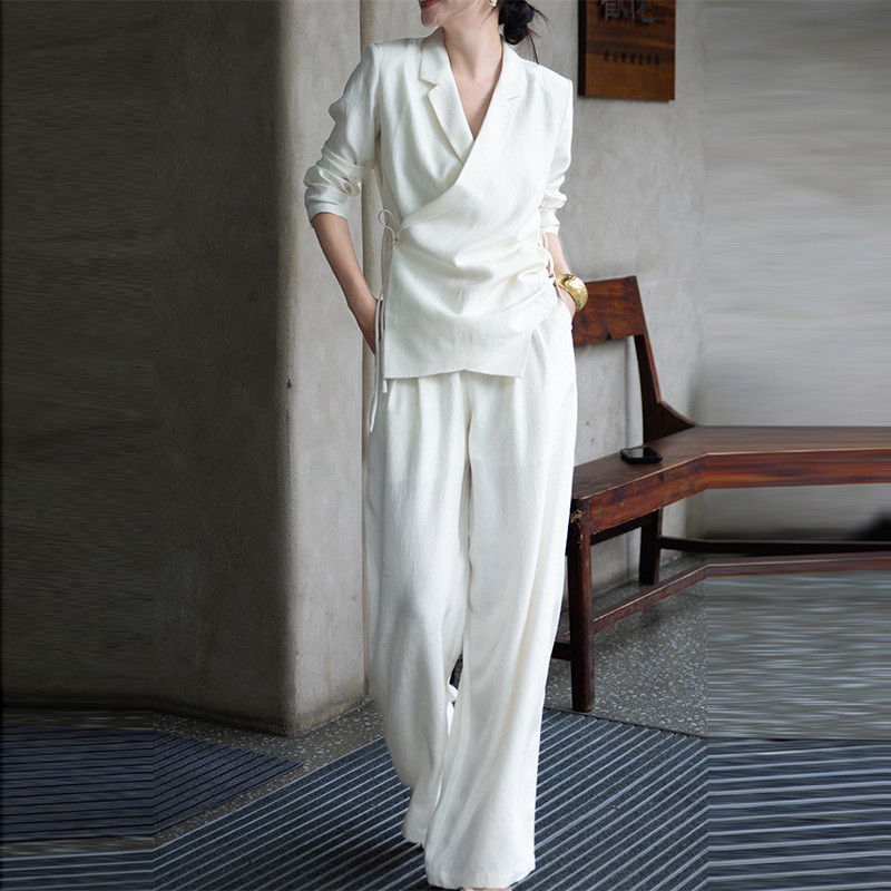 高端定制醋酸西装套装女秋装新款设计感修身款西服外套高腰阔腿裤