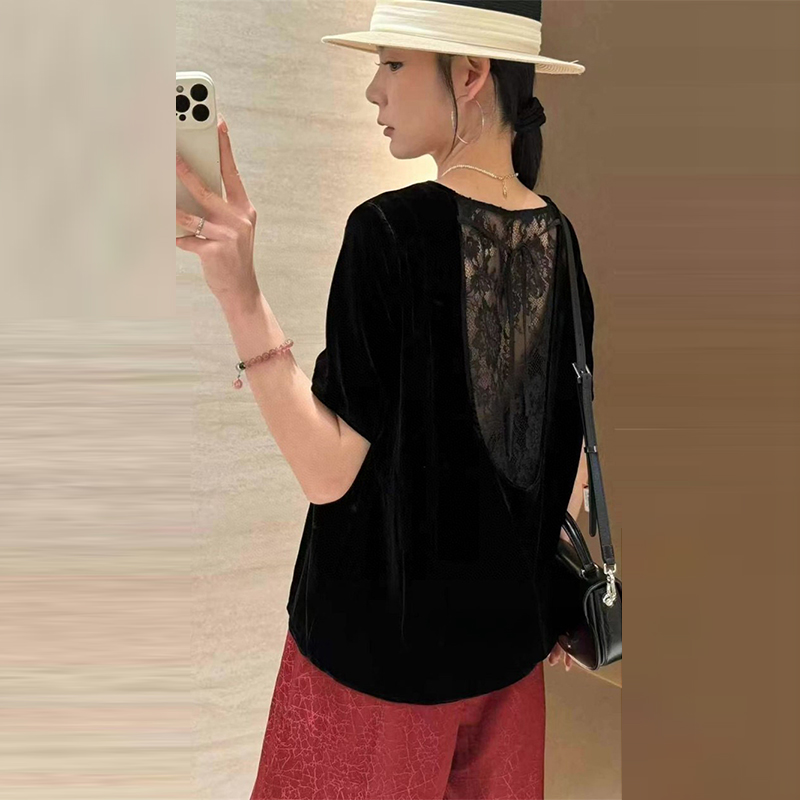 新款真丝丝绒衬衫女短袖t恤新款宽松拼接露背蕾丝上衣薄款小衫夏