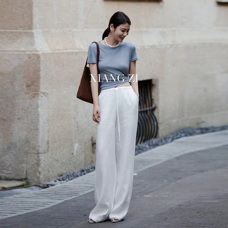 老钱风休闲纯色亚麻阔腿裤女夏季薄款系带松紧收腰显瘦直筒长裤子