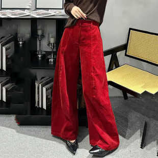 安可拉红复古灯芯绒裤子女秋冬新款时髦洋气镰刀裤阔腿显瘦长裤子