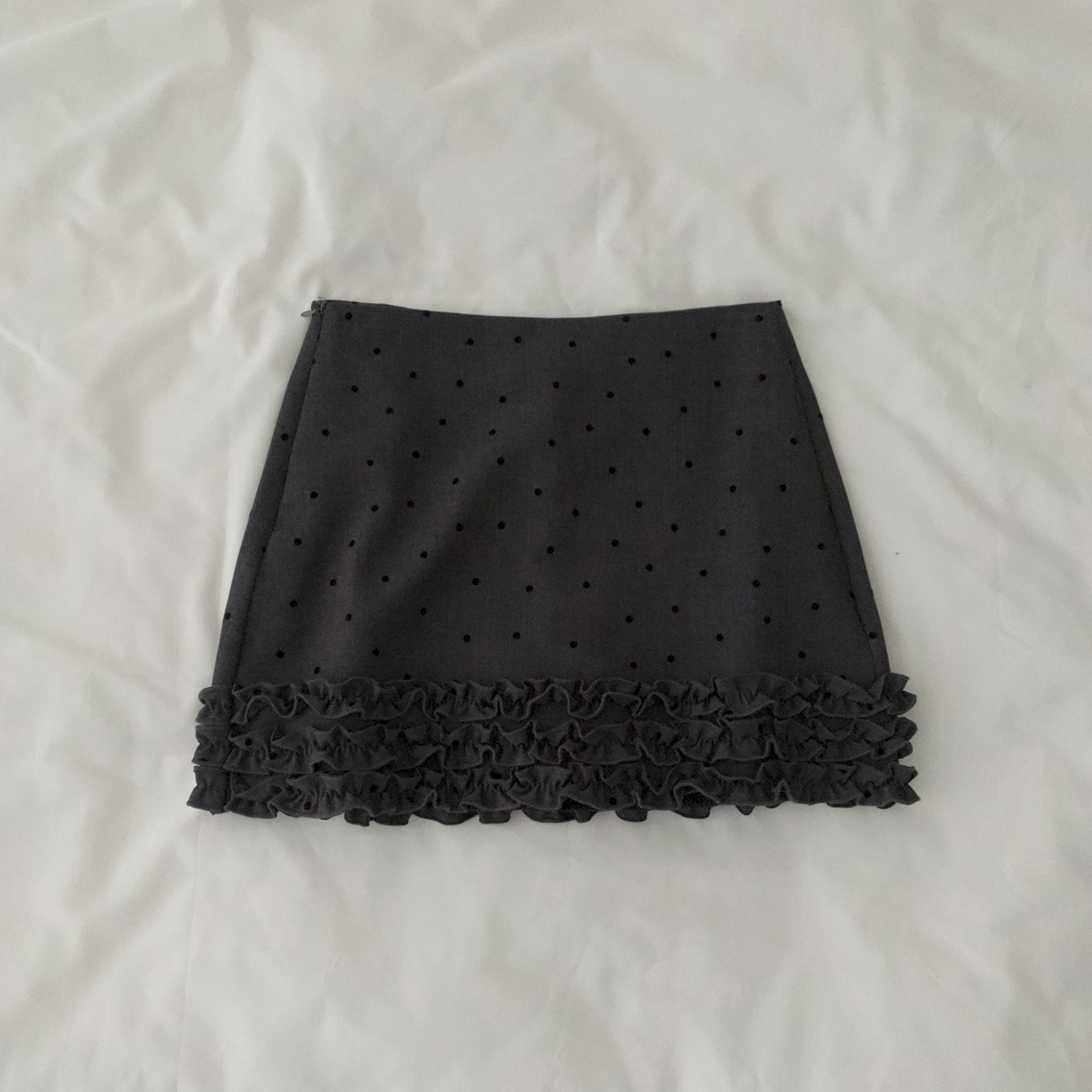 复古少女～植绒波点波浪花边高腰短裙A字裙半身裙