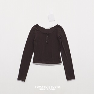 bm少女草莓奶昔拼接撞色长袖 女修身 显瘦假两件短款 上衣 打底T袖