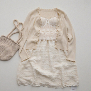 v领花边针织开衫 法式温柔少女百搭上衣春款小个子外套