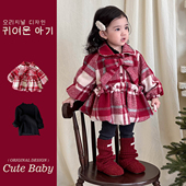 女宝宝冬装 夹棉外套连帽保暖上衣红色喜庆棉服婴幼儿童千鸟格风衣