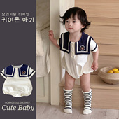 纯棉三角爬服公主哈衣婴儿夏装 女宝宝夏季 海军风包屁衣短袖 洋气薄